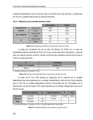 La formación multimedia del profesorado universitario



enseñanza-aprendizaje. Esto así porque está al corriente de lo que permiten u obstaculiza
las TIC en su aspecto básico para su práctica educativa.

4.8.11.- Relación con la variable dominio crítico

                                                      Instrumental                    Crítico
      Correlación de           Instrumental               1.000                           .364
         Pearson                  Crítico                  .364                       1.000
                               Instrumental                  .                            .000
    Sig. (unilateral)
                                  Crítico                  .000                            .
                               Instrumental                120                            120
            N
                                  Crítico                  120                            120

                      Tabla 4.75. Correlaciones del dominio instrumental y el dominio crítico

         La tabla de correlación nos da el valor de Pearson en 0.364 con un valor de
probabilidad bilateral asociado de 0.00, por lo que resulta altamente significativa; estamos
ante una relación positiva, es decir, cuando una de las dos variables aumenta la otra hace lo
mismo en igual proporción.

                    R                                               R cuadrado
        Cambio en R cuadrado                                        Cambio en F
                 .364(a)                                                   .133
a Variables predictoras: (Constante), crítico

          Tabla 4.76. Resumen del modelo del dominio instrumental y el dominio crítico

         El valor de R2 en 0.133 expresa la proporción de la varianza de la variable
dependiente que está explicada por la variable independiente, dicho de otra forma significa
que el 13% de la variable dependiente dominio instrumental de las Tecnologías de la
Información y la Comunicación (TIC) está explicada por la variable independiente que es el
dominio crítico.

                 Suma de cuadrados              gl       Media cuadrática             F           Sig.

 Regresión              1216.044                1                1216.044         18.028         .000(a)
  Residual              7959.547                118               67.454
    Total               9175.592                119
a Variables predictoras: (Constante), crítico. b Variable dependiente: instrumental

                         Tabla 4.77. ANOVA del dominio instrumental y el dominio crítico



422
 