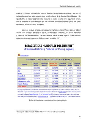 Capítulo II: El estado de la cuestión



mágico. La historia evidencia las guerras libradas, las luchas encarnecidas y los grupos
sublevados que han sido protagonistas en el reclamo de la libertad, la solidaridad y la
igualdad. En la era de la conectividad el asunto no es tan sencillo como algunos lo pintan,
más si se toma en consideración que los llamados tecnófobos contribuyen a ello (más
detalles en el acápite de las actitudes).


           Lo cierto es que, la falsa promesa parte implícitamente del hecho de que todo el
mundo tiene acceso a lo básico de las TIC: computadora e Internet. ¿Se puede mantener
y defender tal planteamiento? La búsqueda de datos en ese aspecto puede resultar
evidentemente desconcertante. Fijémonos en el gráfico 2.11.




                       Gráfico 2.1. Estadísticas mundiales de la Internet y de población




1
    Descargado el 9 de marzo de 2008 de [http://www.exitoexportador.com/stats.htm].


                                                                                                             95
 