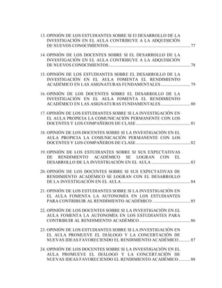 13. OPINIÓN DE LOS ESTUDIANTES SOBRE SI El DESARROLLO DE LA
INVESTIGACIÓN EN EL AULA CONTRIBUYE A LA ADQUISICIÓN
DE NUEVOS CONOCIMIENTOS..............................................................................77
14. OPINIÓN DE LOS DOCENTES SOBRE SI EL DESARROLLO DE LA
INVESTIGACIÓN EN EL AULA CONTRIBUYE A LA ADQUISICIÓN
DE NUEVOS CONOCIMIENTOS..............................................................................78
15. OPINIÓN DE LOS ESTUDIANTES SOBRE EL DESARROLLO DE LA
INVESTIGACIÓN EN EL AULA FOMENTA EL RENDIMIENTO
ACADÉMICO EN LAS ASIGNATURAS FUNDAMENTALES ............................79
16. OPINIÓN DE LOS DOCENTES SOBRE EL DESARROLLO DE LA
INVESTIGACIÓN EN EL AULA FOMENTA EL RENDIMIENTO
ACADÉMICO EN LAS ASIGNATURAS FUNDAMENTALES ............................80
17. OPINIÓN DE LOS ESTUDIANTES SOBRE SI LA INVESTIGACIÓN EN
EL AULA PROPICIA LA COMUNICACIÓN PERMANENTE CON LOS
DOCENTES Y LOS COMPAÑEROS DE CLASE....................................................81
18. OPINIÓN DE LOS DOCENTES SOBRE SI LA INVESTIGACIÓN EN EL
AULA PROPICIA LA COMUNICACIÓN PERMANENTE CON LOS
DOCENTES Y LOS COMPAÑEROS DE CLASE....................................................82
19. OPINIÓN DE LOS ESTUDIANTES SOBRE SI SUS EXPECTATIVAS
DE RENDIMIENTO ACADÉMICO SE LOGRAN CON EL
DESARROLLO DE LA INVESTIGACIÓN EN EL AULA .....................................83
20. OPINIÓN DE LOS DOCENTES SOBRE SI SUS EXPECTATIVAS DE
RENDIMIENTO ACADÉMICO SE LOGRAN CON EL DESARROLLO
DE LA INVESTIGACIÓN EN EL AULA..................................................................84
21. OPINIÓN DE LOS ESTUDIANTES SOBRE SI LA INVESTIGACIÓN EN
EL AULA FOMENTA LA AUTONOMÍA EN LOS ESTUDIANTES
PARA CONTRIBUIR AL RENDIMIENTO ACADÉMICO ....................................85
22. OPINIÓN DE LOS DOCENTES SOBRE SI LA INVESTIGACIÓN EN EL
AULA FOMENTA LA AUTONOMÍA EN LOS ESTUDIANTES PARA
CONTRIBUIR AL RENDIMIENTO ACADÉMICO.................................................86
23. OPINIÓN DE LOS ESTUDIANTES SOBRE SI LA INVESTIGACIÓN EN
EL AULA PROMUEVE EL DIÁLOGO Y LA CONCERTACIÓN DE
NUEVAS IDEAS FAVORECIENDO EL RENDIMIENTO ACADÉMICO...........87
24. OPINIÓN DE LOS DOCENTES SOBRE SI LA INVESTIGACIÓN EN EL
AULA PROMUEVE EL DIÁLOGO Y LA CONCERTACIÓN DE
NUEVAS IDEAS FAVORECIENDO EL RENDIMIENTO ACADÉMICO...........88
 