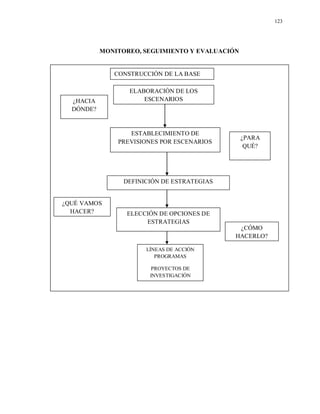 123
MONITOREO, SEGUIMIENTO Y EVALUACIÓN
ESTABLECIMIENTO DE
PREVISIONES POR ESCENARIOS
ELABORACIÓN DE LOS
ESCENARIOS
DEFINICIÓN DE ESTRATEGIAS
¿PARA
QUÉ?
¿QUÉ VAMOS
HACER?
¿CÓMO
HACERLO?
¿HACIA
DÓNDE?
CONSTRUCCIÓN DE LA BASE
ELECCIÓN DE OPCIONES DE
ESTRATEGIAS
LÍNEAS DE ACCIÓN
PROGRAMAS
PROYECTOS DE
INVESTIGACIÓN
 