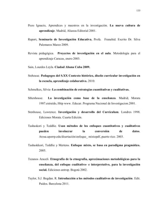 135
Pozo Ignacio, Aprendices y maestros en la investigación. La nueva cultura de
aprendizaje. Madrid, Alianza Editorial 2001.
Raport, Seminario de Investigación Educativa, Profa. Franahid. Escrito Dr. Silva
Palomares Marzo 2009.
Revista pedagógica. Proyectos de investigación en el aula. Metodología para el
aprendizaje Caracas, enero 2003.
Sain, Lourdes Leyla. Ciudad Abana Cuba 2009.
Stehouse. Pedagogos del S.XX Contexto histórico, diseño curricular investigación en
la escuela, aprendizaje colaborativo. 2010.
Schmelkes, Silvia- La combinación de estrategias cuantitativas y cualitativas.
Sthenhouse. La investigación como base de la enseñanza. Madrid, Morata
1987.extraído, Http www. Educar. Programa Nacional de Investigacion.2001.
Stenhouse, Lawrence. Investigación y desarrollo del Currículum. Londres 1998.
Ediciones Morata. Cuarta Edición.
Tashaskori y Teddlie. Usan métodos de los enfoques cuantitativos y cualitativos
pueden involucrar la conversión de datos.
Arosa.uporrp.edu/disertación/enfoque_ mixtopdf, puerto rico. 2003.
Tashaskkori, Teddlie y Mertens. Enfoque mixto, se basa en paradigma pragmático.
2005.
Tezanos Araceli. Etnografía de la etnografía, aproximaciones metodológicas para la
enseñanza, del enfoque cualitativo- e interpretativo, para la investigación
social. Ediciones antrop. Bogotá 2002.
Taylor, S.J. Bogdan. R. Introducción a los métodos cualitativos de investigación. Edit.
Paidos. Barcelona 2011.
 
