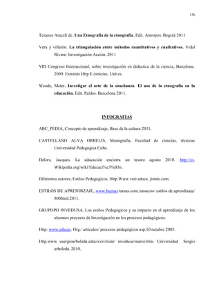 136
Tezanos Araceli de. Una Etnografía de la etnografía. Edit. Antropos. Bogotá 2011
Vera y villalón. La triangulación entre métodos cuantitativos y cualitativos. Vidal
Rivera- Investigación Acción. 2011
VIII Congreso Internacional, sobre investigación en didáctica de la ciencia, Barcelona.
2009. Extraído Http E ciencias. Uab.es.
Woods, Meter. Investigar el arte de la enseñanza. El uso de la etnografía en la
educación. Edit. Paidos. Barcelona 2011.
INFOGRAFÍAS
ABC_PEDIA, Concepto de aprendizaje, Base de la cultura 2011.
CASTELLANO ALVA ORBELIS, Monografía, Facultad de ciencias, técnicas
Universidad Pedagógica Cuba.
Delors, Jacques. La educación encierra un tesoro agosto 2010. http://es.
Wikipedia.org/wiki/Educaci%c3%B3n.
Diferentes autores, Estilos Pedagógicos. Http Www vari educa. jimdo.com.
ESTILOS DE APRENDIZAJE, www.buenas tareas.com./ensayos/ estilos de aprendizaje/
800html.2011.
GRUPOPO INVEDUSA, Los estilos Pedagógicos y su impacto en el aprendizaje de los
alumnos proyecto de Investigación en los procesos pedagógicos.
Http: www.educar. Org./ artículos/ procesos pedagógicos asp.10 octubre 2005.
Http.www usergioarboleda.educo/civilizar/ invedusa/marco.htm. Universidad Sergio
arboleda. 2010.
 