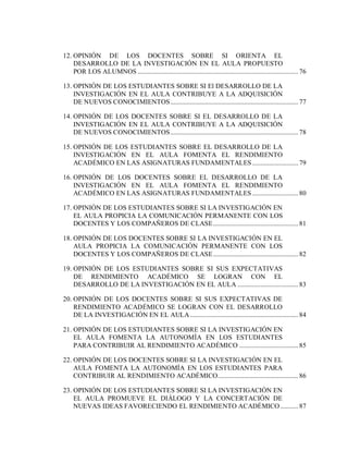 12. OPINIÓN DE LOS DOCENTES SOBRE SI ORIENTA EL
DESARROLLO DE LA INVESTIGACIÓN EN EL AULA PROPUESTO
POR LOS ALUMNOS ..................................................................................................76
13. OPINIÓN DE LOS ESTUDIANTES SOBRE SI El DESARROLLO DE LA
INVESTIGACIÓN EN EL AULA CONTRIBUYE A LA ADQUISICIÓN
DE NUEVOS CONOCIMIENTOS..............................................................................77
14. OPINIÓN DE LOS DOCENTES SOBRE SI EL DESARROLLO DE LA
INVESTIGACIÓN EN EL AULA CONTRIBUYE A LA ADQUISICIÓN
DE NUEVOS CONOCIMIENTOS..............................................................................78
15. OPINIÓN DE LOS ESTUDIANTES SOBRE EL DESARROLLO DE LA
INVESTIGACIÓN EN EL AULA FOMENTA EL RENDIMIENTO
ACADÉMICO EN LAS ASIGNATURAS FUNDAMENTALES ............................79
16. OPINIÓN DE LOS DOCENTES SOBRE EL DESARROLLO DE LA
INVESTIGACIÓN EN EL AULA FOMENTA EL RENDIMIENTO
ACADÉMICO EN LAS ASIGNATURAS FUNDAMENTALES ............................80
17. OPINIÓN DE LOS ESTUDIANTES SOBRE SI LA INVESTIGACIÓN EN
EL AULA PROPICIA LA COMUNICACIÓN PERMANENTE CON LOS
DOCENTES Y LOS COMPAÑEROS DE CLASE....................................................81
18. OPINIÓN DE LOS DOCENTES SOBRE SI LA INVESTIGACIÓN EN EL
AULA PROPICIA LA COMUNICACIÓN PERMANENTE CON LOS
DOCENTES Y LOS COMPAÑEROS DE CLASE....................................................82
19. OPINIÓN DE LOS ESTUDIANTES SOBRE SI SUS EXPECTATIVAS
DE RENDIMIENTO ACADÉMICO SE LOGRAN CON EL
DESARROLLO DE LA INVESTIGACIÓN EN EL AULA .....................................83
20. OPINIÓN DE LOS DOCENTES SOBRE SI SUS EXPECTATIVAS DE
RENDIMIENTO ACADÉMICO SE LOGRAN CON EL DESARROLLO
DE LA INVESTIGACIÓN EN EL AULA..................................................................84
21. OPINIÓN DE LOS ESTUDIANTES SOBRE SI LA INVESTIGACIÓN EN
EL AULA FOMENTA LA AUTONOMÍA EN LOS ESTUDIANTES
PARA CONTRIBUIR AL RENDIMIENTO ACADÉMICO ....................................85
22. OPINIÓN DE LOS DOCENTES SOBRE SI LA INVESTIGACIÓN EN EL
AULA FOMENTA LA AUTONOMÍA EN LOS ESTUDIANTES PARA
CONTRIBUIR AL RENDIMIENTO ACADÉMICO.................................................86
23. OPINIÓN DE LOS ESTUDIANTES SOBRE SI LA INVESTIGACIÓN EN
EL AULA PROMUEVE EL DIÁLOGO Y LA CONCERTACIÓN DE
NUEVAS IDEAS FAVORECIENDO EL RENDIMIENTO ACADÉMICO...........87
 