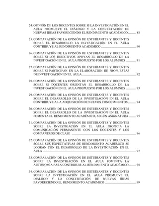 24. OPINIÓN DE LOS DOCENTES SOBRE SI LA INVESTIGACIÓN EN EL
AULA PROMUEVE EL DIÁLOGO Y LA CONCERTACIÓN DE
NUEVAS IDEAS FAVORECIENDO EL RENDIMIENTO ACADÉMICO...........88
25. COMPARACIÓN DE LA OPINIÓN DE ESTUDIANTES Y DOCENTES
SOBRE EL DESARROLLO LA INVESTIGACIÓN EN EL AULA
CONTRIBUYE AL RENDIMIENTO ACADÉMICO ...............................................90
26. COMPARACIÓN DE LA OPINIÓN DE ESTUDIANTES Y DOCENTES
SOBRE SI LOS DIRECTIVOS APOYAN EL DESARROLLO DE LA
INVESTIGACIÓN EN EL AULA PROPUESTO POR LOS ALUMNOS ..............91
27. COMPARACIÓN DE LA OPINIÓN DE ESTUDIANTES Y DOCENTES
SOBRE SI PARTICIPAN EN LA ELABORACIÓN DE PROPUESTAS
DE INVESTIGACIÓN EN EL AULA ........................................................................92
28. COMPARACIÓN DE LA OPINIÓN DE ESTUDIANTES Y DOCENTES
SOBRE SI DOCENTES ORIENTAN EL DESARROLLO DE LA
INVESTIGACIÓN EN EL AULA PROPUESTO POR LOS ALUMNOS ..............93
29. COMPARACIÓN DE LA OPINIÓN DE ESTUDIANTES Y DOCENTES
SOBRE EL DESARROLLO DE LA INVESTIGACIÓN EN EL AULA
CONTRIBUYE A LA ADQUISICIÓN DE NUEVOS CONOCIMIENTOS...........94
30. COMPARACIÓN DE LA OPINIÓN DE ESTUDIANTES Y DOCENTES
SOBRE EL DESARROLLO DE LA INVESTIGACIÓN EN EL AULA
FOMENTA EL RENDIMIENTO ACADÉMICO, SEGÚN ASIGNATURA ..........95
31. COMPARACIÓN DE LA OPINIÓN DE ESTUDIANTES Y DOCENTES
SOBRE LA INVESTIGACIÓN EN EL AULA PROPICIA LA
COMUNICACIÓN PERMANENTE CON LOS DOCENTES Y LOS
COMPAÑEROS DE CLASE ......................................................................................96
32. COMPARACIÓN DE LA OPINIÓN DE ESTUDIANTES Y DOCENTES
SOBRE SUS EXPECTATIVAS DE RENDIMIENTO ACADÉMICO SE
LOGRAN CON EL DESARROLLO DE LA INVESTIGACIÓN EN EL
AULA .............................................................................................................................97
33. COMPARACIÓN DE LA OPINIÓN DE ESTUDIANTES Y DOCENTES
SOBRE LA INVESTIGACIÓN EN EL AULA FOMENTA LA
AUTONOMÍA PARA CONTRIBUIR AL RENDIMIENTO ACADÉMICO..........98
34. COMPARACIÓN DE LA OPINIÓN DE ESTUDIANTES Y DOCENTES
SOBRE LA INVESTIGACIÓN EN EL AULA PROMUEVE EL
DIÁLOGO Y LA CONCERTACIÓN DE NUEVAS IDEAS
FAVORECIENDO EL RENDIMIENTO ACADÉMICO ..........................................99
 