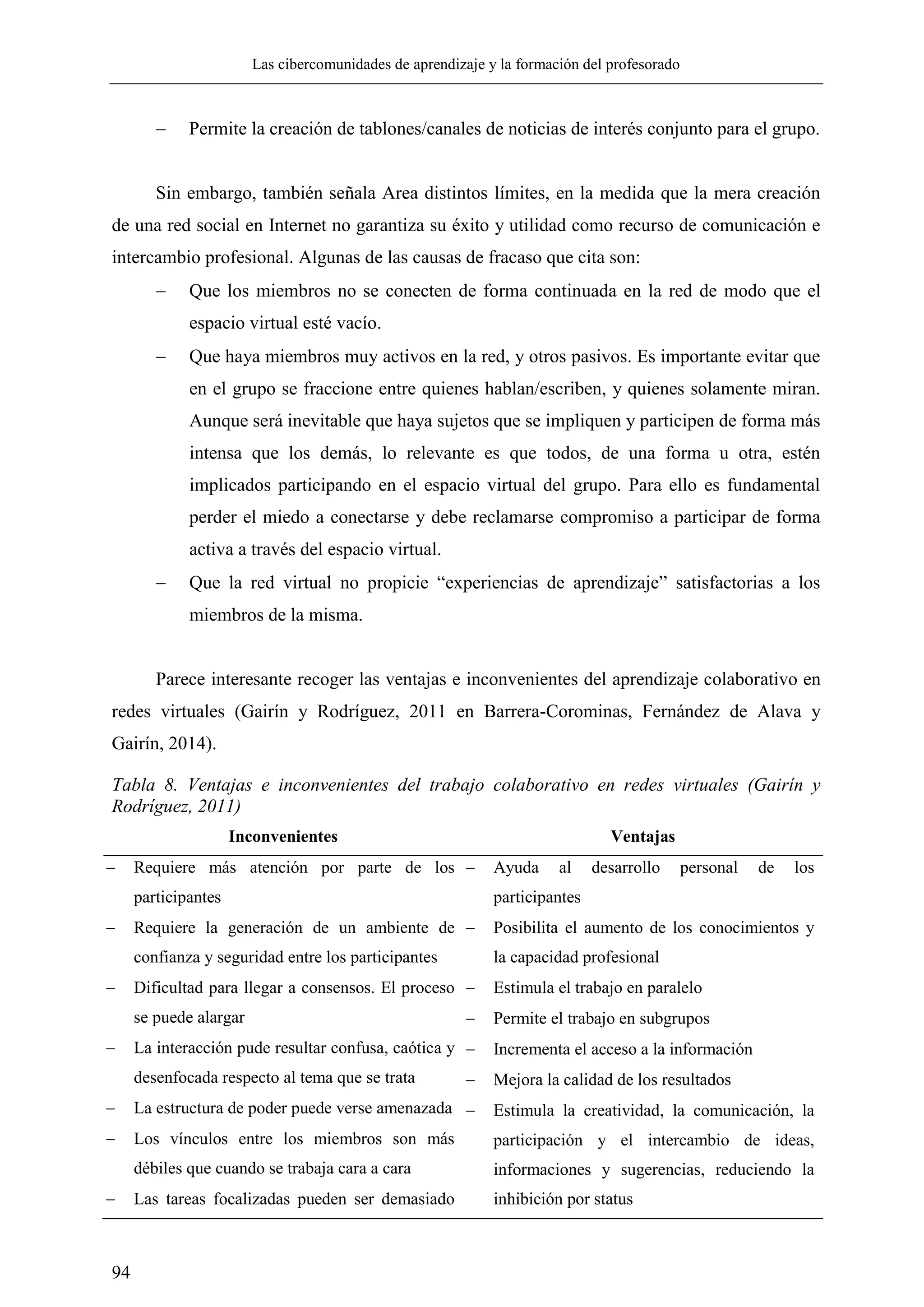 Las cibercomunidades de aprendizaje y la formación del profesorado
94
 Permite la creación de tablones/canales de noticias de interés conjunto para el grupo.
Sin embargo, también señala Area distintos límites, en la medida que la mera creación
de una red social en Internet no garantiza su éxito y utilidad como recurso de comunicación e
intercambio profesional. Algunas de las causas de fracaso que cita son:
 Que los miembros no se conecten de forma continuada en la red de modo que el
espacio virtual esté vacío.
 Que haya miembros muy activos en la red, y otros pasivos. Es importante evitar que
en el grupo se fraccione entre quienes hablan/escriben, y quienes solamente miran.
Aunque será inevitable que haya sujetos que se impliquen y participen de forma más
intensa que los demás, lo relevante es que todos, de una forma u otra, estén
implicados participando en el espacio virtual del grupo. Para ello es fundamental
perder el miedo a conectarse y debe reclamarse compromiso a participar de forma
activa a través del espacio virtual.
 Que la red virtual no propicie ―experiencias de aprendizaje‖ satisfactorias a los
miembros de la misma.
Parece interesante recoger las ventajas e inconvenientes del aprendizaje colaborativo en
redes virtuales (Gairín y Rodríguez, 2011 en Barrera-Corominas, Fernández de Alava y
Gairín, 2014).
Tabla 8. Ventajas e inconvenientes del trabajo colaborativo en redes virtuales (Gairín y
Rodríguez, 2011)
Inconvenientes Ventajas
 Requiere más atención por parte de los
participantes
 Requiere la generación de un ambiente de
confianza y seguridad entre los participantes
 Dificultad para llegar a consensos. El proceso
se puede alargar
 La interacción pude resultar confusa, caótica y
desenfocada respecto al tema que se trata
 La estructura de poder puede verse amenazada
 Los vínculos entre los miembros son más
débiles que cuando se trabaja cara a cara
 Las tareas focalizadas pueden ser demasiado
 Ayuda al desarrollo personal de los
participantes
 Posibilita el aumento de los conocimientos y
la capacidad profesional
 Estimula el trabajo en paralelo
 Permite el trabajo en subgrupos
 Incrementa el acceso a la información
 Mejora la calidad de los resultados
 Estimula la creatividad, la comunicación, la
participación y el intercambio de ideas,
informaciones y sugerencias, reduciendo la
inhibición por status
 