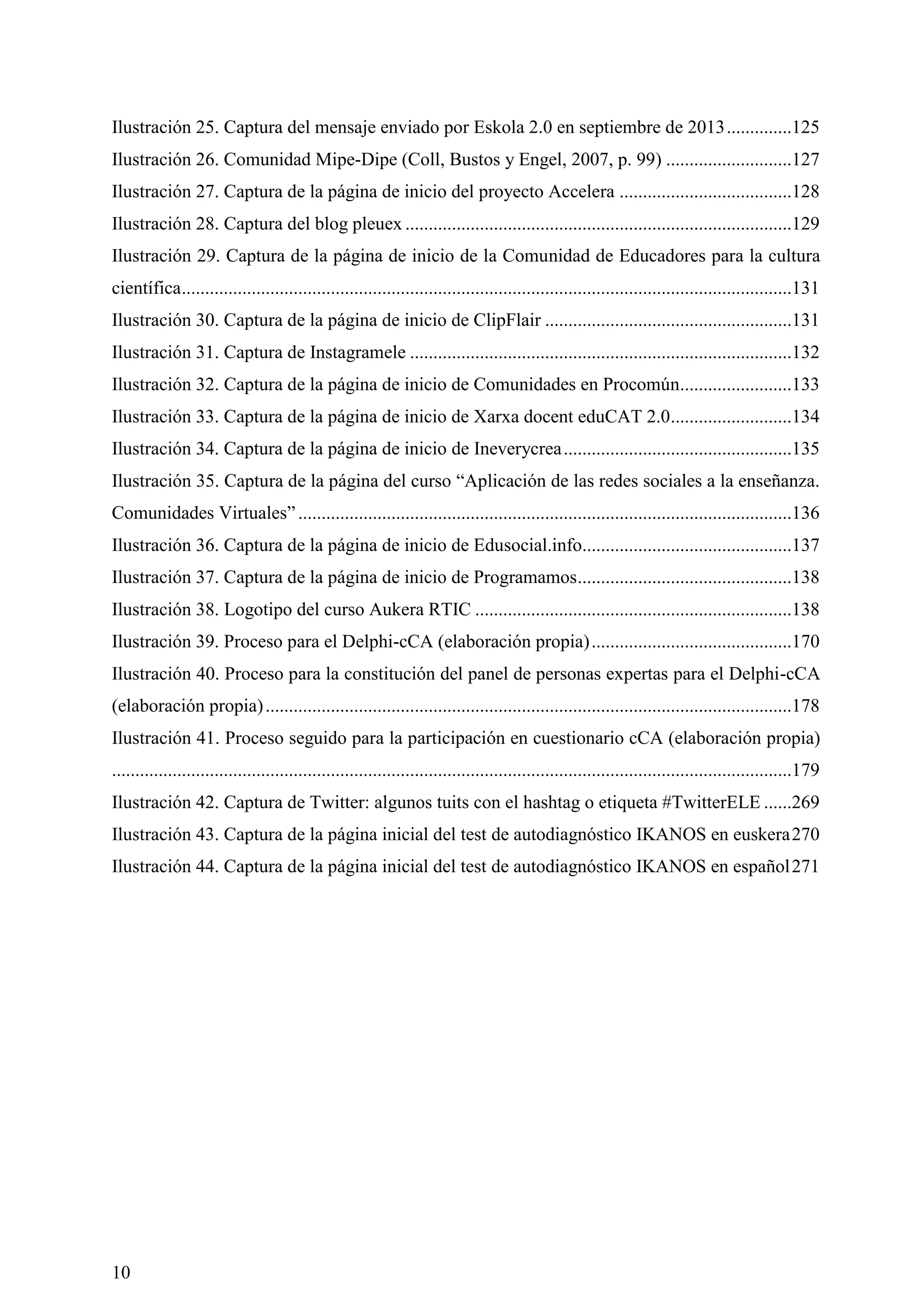 10
Ilustración 25. Captura del mensaje enviado por Eskola 2.0 en septiembre de 2013..............125
Ilustración 26. Comunidad Mipe-Dipe (Coll, Bustos y Engel, 2007, p. 99) ...........................127
Ilustración 27. Captura de la página de inicio del proyecto Accelera .....................................128
Ilustración 28. Captura del blog pleuex ...................................................................................129
Ilustración 29. Captura de la página de inicio de la Comunidad de Educadores para la cultura
científica...................................................................................................................................131
Ilustración 30. Captura de la página de inicio de ClipFlair .....................................................131
Ilustración 31. Captura de Instagramele ..................................................................................132
Ilustración 32. Captura de la página de inicio de Comunidades en Procomún........................133
Ilustración 33. Captura de la página de inicio de Xarxa docent eduCAT 2.0..........................134
Ilustración 34. Captura de la página de inicio de Ineverycrea.................................................135
Ilustración 35. Captura de la página del curso ―Aplicación de las redes sociales a la enseñanza.
Comunidades Virtuales‖..........................................................................................................136
Ilustración 36. Captura de la página de inicio de Edusocial.info.............................................137
Ilustración 37. Captura de la página de inicio de Programamos..............................................138
Ilustración 38. Logotipo del curso Aukera RTIC ....................................................................138
Ilustración 39. Proceso para el Delphi-cCA (elaboración propia)...........................................170
Ilustración 40. Proceso para la constitución del panel de personas expertas para el Delphi-cCA
(elaboración propia).................................................................................................................178
Ilustración 41. Proceso seguido para la participación en cuestionario cCA (elaboración propia)
..................................................................................................................................................179
Ilustración 42. Captura de Twitter: algunos tuits con el hashtag o etiqueta #TwitterELE ......269
Ilustración 43. Captura de la página inicial del test de autodiagnóstico IKANOS en euskera270
Ilustración 44. Captura de la página inicial del test de autodiagnóstico IKANOS en español271
 