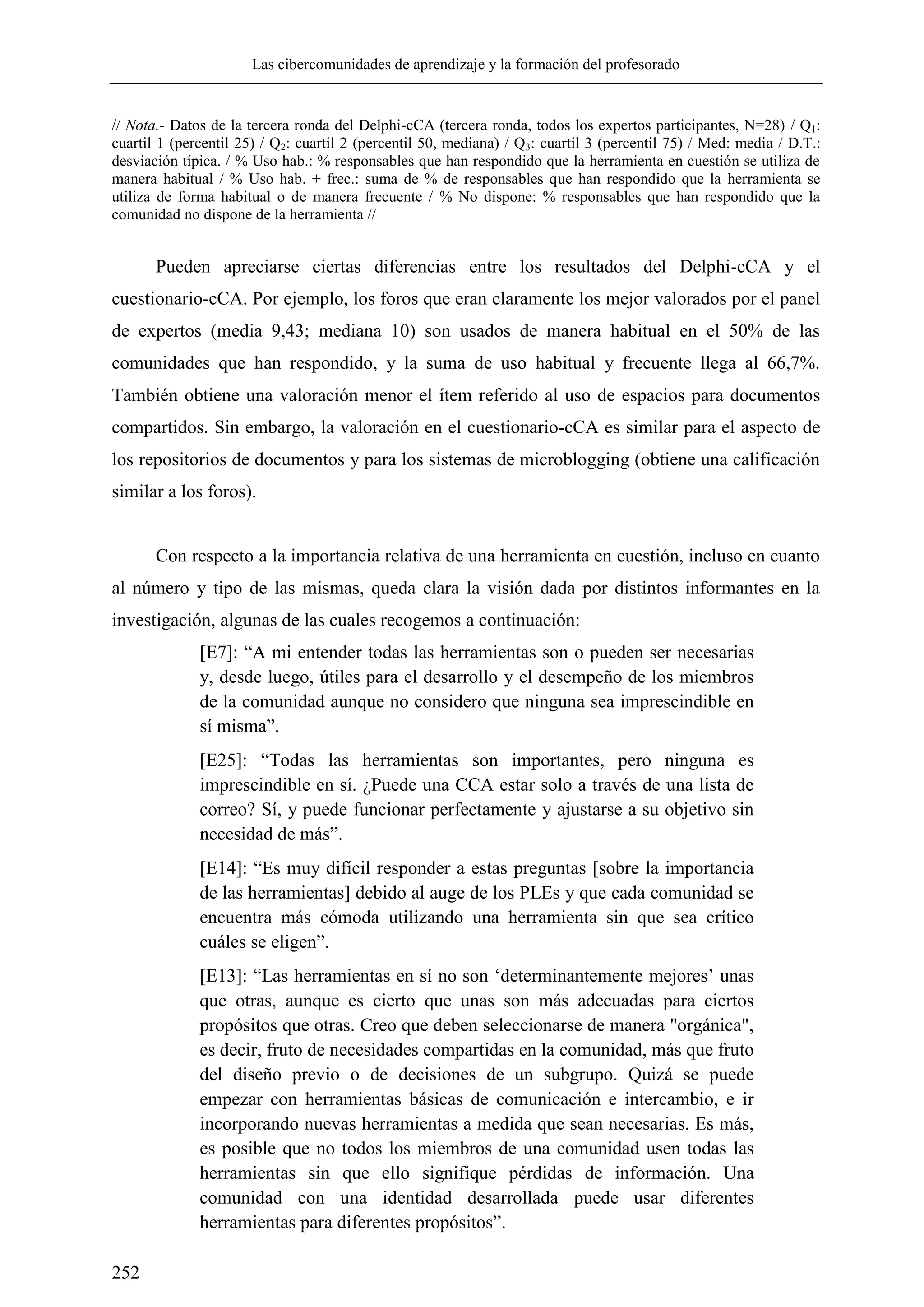 Las cibercomunidades de aprendizaje y la formación del profesorado
252
// Nota.- Datos de la tercera ronda del Delphi-cCA (tercera ronda, todos los expertos participantes, N=28) / Q1:
cuartil 1 (percentil 25) / Q2: cuartil 2 (percentil 50, mediana) / Q3: cuartil 3 (percentil 75) / Med: media / D.T.:
desviación típica. / % Uso hab.: % responsables que han respondido que la herramienta en cuestión se utiliza de
manera habitual / % Uso hab. + frec.: suma de % de responsables que han respondido que la herramienta se
utiliza de forma habitual o de manera frecuente / % No dispone: % responsables que han respondido que la
comunidad no dispone de la herramienta //
Pueden apreciarse ciertas diferencias entre los resultados del Delphi-cCA y el
cuestionario-cCA. Por ejemplo, los foros que eran claramente los mejor valorados por el panel
de expertos (media 9,43; mediana 10) son usados de manera habitual en el 50% de las
comunidades que han respondido, y la suma de uso habitual y frecuente llega al 66,7%.
También obtiene una valoración menor el ítem referido al uso de espacios para documentos
compartidos. Sin embargo, la valoración en el cuestionario-cCA es similar para el aspecto de
los repositorios de documentos y para los sistemas de microblogging (obtiene una calificación
similar a los foros).
Con respecto a la importancia relativa de una herramienta en cuestión, incluso en cuanto
al número y tipo de las mismas, queda clara la visión dada por distintos informantes en la
investigación, algunas de las cuales recogemos a continuación:
[E7]: ―A mi entender todas las herramientas son o pueden ser necesarias
y, desde luego, útiles para el desarrollo y el desempeño de los miembros
de la comunidad aunque no considero que ninguna sea imprescindible en
sí misma‖.
[E25]: ―Todas las herramientas son importantes, pero ninguna es
imprescindible en sí. ¿Puede una CCA estar solo a través de una lista de
correo? Sí, y puede funcionar perfectamente y ajustarse a su objetivo sin
necesidad de más‖.
[E14]: ―Es muy difícil responder a estas preguntas [sobre la importancia
de las herramientas] debido al auge de los PLEs y que cada comunidad se
encuentra más cómoda utilizando una herramienta sin que sea crítico
cuáles se eligen‖.
[E13]: ―Las herramientas en sí no son ‗determinantemente mejores‘ unas
que otras, aunque es cierto que unas son más adecuadas para ciertos
propósitos que otras. Creo que deben seleccionarse de manera "orgánica",
es decir, fruto de necesidades compartidas en la comunidad, más que fruto
del diseño previo o de decisiones de un subgrupo. Quizá se puede
empezar con herramientas básicas de comunicación e intercambio, e ir
incorporando nuevas herramientas a medida que sean necesarias. Es más,
es posible que no todos los miembros de una comunidad usen todas las
herramientas sin que ello signifique pérdidas de información. Una
comunidad con una identidad desarrollada puede usar diferentes
herramientas para diferentes propósitos‖.
 