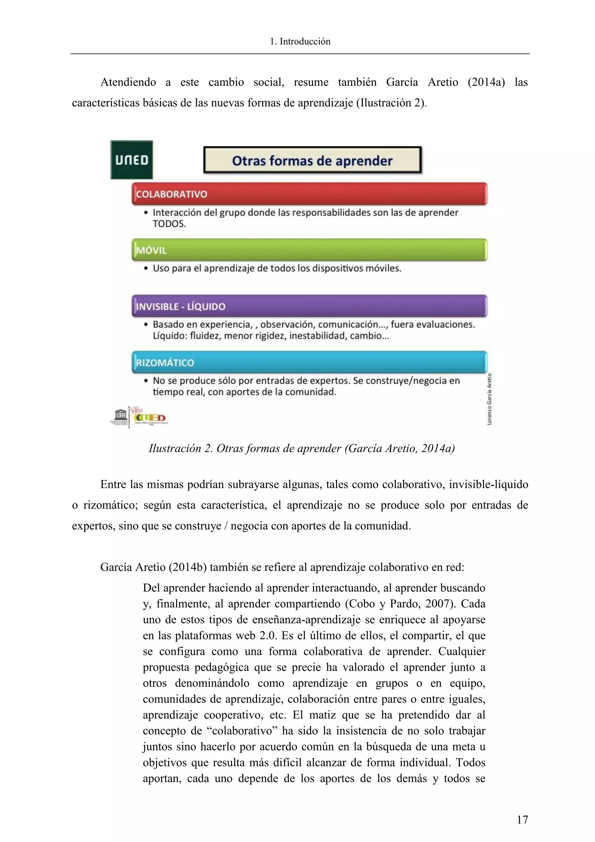 1. Introducción
17
Atendiendo a este cambio social, resume también García Aretio (2014a) las
características básicas de las nuevas formas de aprendizaje (Ilustración 2).
Entre las mismas podrían subrayarse algunas, tales como colaborativo, invisible-líquido
o rizomático; según esta característica, el aprendizaje no se produce solo por entradas de
expertos, sino que se construye / negocia con aportes de la comunidad.
García Aretio (2014b) también se refiere al aprendizaje colaborativo en red:
Del aprender haciendo al aprender interactuando, al aprender buscando
y, finalmente, al aprender compartiendo (Cobo y Pardo, 2007). Cada
uno de estos tipos de enseñanza-aprendizaje se enriquece al apoyarse
en las plataformas web 2.0. Es el último de ellos, el compartir, el que
se configura como una forma colaborativa de aprender. Cualquier
propuesta pedagógica que se precie ha valorado el aprender junto a
otros denominándolo como aprendizaje en grupos o en equipo,
comunidades de aprendizaje, colaboración entre pares o entre iguales,
aprendizaje cooperativo, etc. El matiz que se ha pretendido dar al
concepto de ―colaborativo‖ ha sido la insistencia de no solo trabajar
juntos sino hacerlo por acuerdo común en la búsqueda de una meta u
objetivos que resulta más difícil alcanzar de forma individual. Todos
aportan, cada uno depende de los aportes de los demás y todos se
Ilustración 2. Otras formas de aprender (García Aretio, 2014a)
 