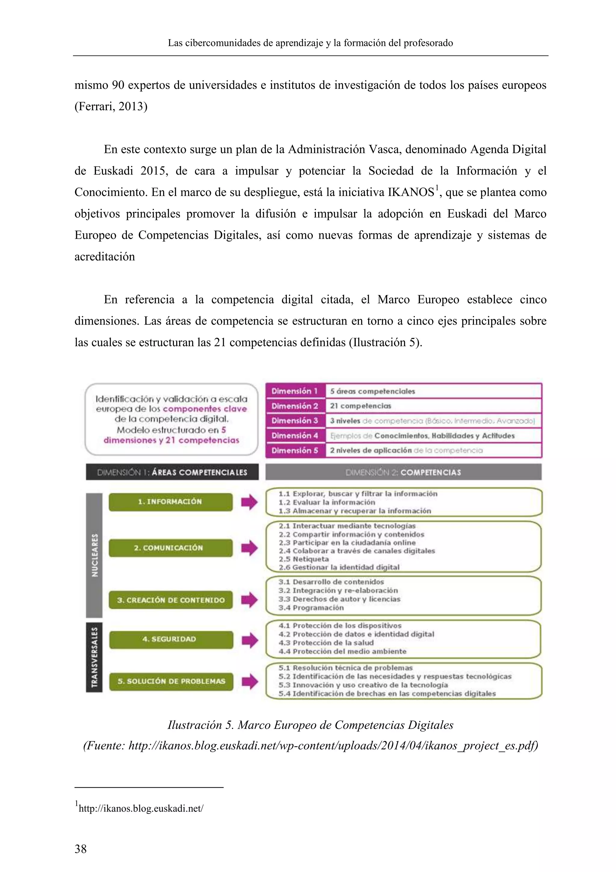 Las cibercomunidades de aprendizaje y la formación del profesorado
38
mismo 90 expertos de universidades e institutos de investigación de todos los países europeos
(Ferrari, 2013)
En este contexto surge un plan de la Administración Vasca, denominado Agenda Digital
de Euskadi 2015, de cara a impulsar y potenciar la Sociedad de la Información y el
Conocimiento. En el marco de su despliegue, está la iniciativa IKANOS1
, que se plantea como
objetivos principales promover la difusión e impulsar la adopción en Euskadi del Marco
Europeo de Competencias Digitales, así como nuevas formas de aprendizaje y sistemas de
acreditación
En referencia a la competencia digital citada, el Marco Europeo establece cinco
dimensiones. Las áreas de competencia se estructuran en torno a cinco ejes principales sobre
las cuales se estructuran las 21 competencias definidas (Ilustración 5).
Ilustración 5. Marco Europeo de Competencias Digitales
(Fuente: http://ikanos.blog.euskadi.net/wp-content/uploads/2014/04/ikanos_project_es.pdf)
1
http://ikanos.blog.euskadi.net/
 