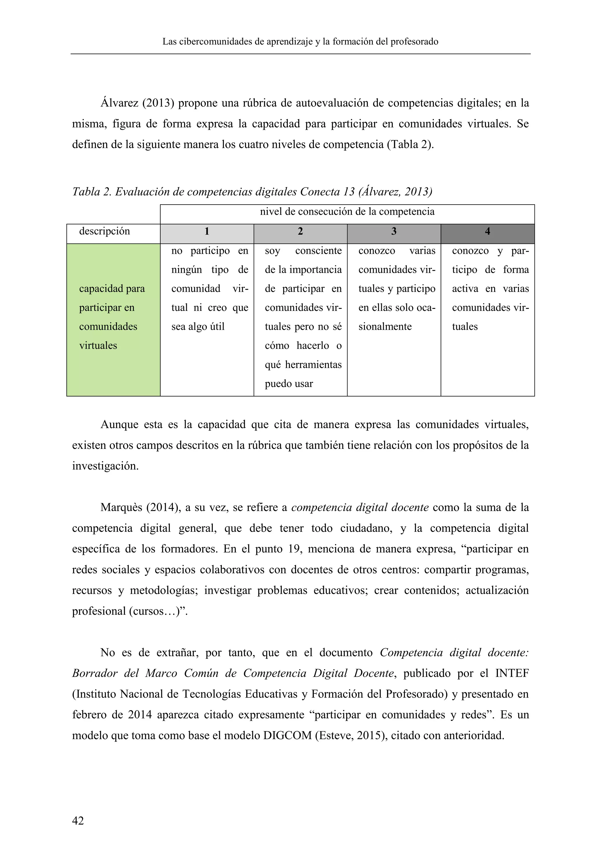 Las cibercomunidades de aprendizaje y la formación del profesorado
42
Álvarez (2013) propone una rúbrica de autoevaluación de competencias digitales; en la
misma, figura de forma expresa la capacidad para participar en comunidades virtuales. Se
definen de la siguiente manera los cuatro niveles de competencia (Tabla 2).
Tabla 2. Evaluación de competencias digitales Conecta 13 (Álvarez, 2013)
nivel de consecución de la competencia
descripción 1 2 3 4
capacidad para
participar en
comunidades
virtuales
no participo en
ningún tipo de
comunidad vir-
tual ni creo que
sea algo útil
soy consciente
de la importancia
de participar en
comunidades vir-
tuales pero no sé
cómo hacerlo o
qué herramientas
puedo usar
conozco varias
comunidades vir-
tuales y participo
en ellas solo oca-
sionalmente
conozco y par-
ticipo de forma
activa en varias
comunidades vir-
tuales
Aunque esta es la capacidad que cita de manera expresa las comunidades virtuales,
existen otros campos descritos en la rúbrica que también tiene relación con los propósitos de la
investigación.
Marquès (2014), a su vez, se refiere a competencia digital docente como la suma de la
competencia digital general, que debe tener todo ciudadano, y la competencia digital
específica de los formadores. En el punto 19, menciona de manera expresa, ―participar en
redes sociales y espacios colaborativos con docentes de otros centros: compartir programas,
recursos y metodologías; investigar problemas educativos; crear contenidos; actualización
profesional (cursos…)‖.
No es de extrañar, por tanto, que en el documento Competencia digital docente:
Borrador del Marco Común de Competencia Digital Docente, publicado por el INTEF
(Instituto Nacional de Tecnologías Educativas y Formación del Profesorado) y presentado en
febrero de 2014 aparezca citado expresamente ―participar en comunidades y redes‖. Es un
modelo que toma como base el modelo DIGCOM (Esteve, 2015), citado con anterioridad.
 