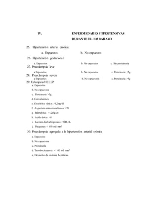 IV. ENFERMEDADES HIPERTENSIVAS
DURANTE EL EMBARAZO
25. Hipertensión arterial crónica:
a. Expuestos b. No expuestos
26. Hipertensión gestacional
a. Expuestos b. No expuestos c. Sin proteinuria
27. Preeclampsia leve
a Expuestos b. No expuestos c. Proteinuria ≤5g.
28. Preeclampsia severa
a Expuestos b. No expuestos c. Proteinuria >5g
29. Eclampsia/HELLP
a. Expuestos
b. No expuestos
c. Proteinuria >5g.
d. Convulsiones
e. Creatinina sérica: >1,2mg/dl
f. Aspartato aminotransferasa: >70
g. Bilirrubina: >1,2mg/dl
h. Acido úrico: >8
i. Lactato deshidrogenasa:>600U/L.
j. Plaquetas: < 100 mil mm3
30. Preeclampsia agregada a la hipertensión arterial crónica
a. Expuestos
b. No expuestos
c. Proteinuria
d. Trombocitopenia: < 100 mil mm3
e. Elevación de enzimas hepáticas.
 