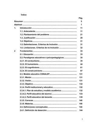 Índice
                                                                                                                  Pág.
Resumen ....................................................................................................        5
Abstract ......................................................................................................     7
1.        Introducción ....................................................................................        11
          1.1. Antecedente..............................................................................           11
          1.2. Planteamiento del problema ...................................................                      21
          1.3. Justificación .............................................................................         28
          1.4. Objetivos...................................................................................        31
          1.5. Delimitaciones. Criterios de Inclusión ...................................                          31
          1.6. Limitaciones. Criterios de no Inclusión .................................                           32
2         Fundamentos ..................................................................................           33
         2.1. Educación .................................................................................          33
         2.2. Paradigmas educativos o psicopedagógicos........................                                     35
         2.2.1. El conductismo......................................................................               35
         2.2.2. El humanismo........................................................................               44
         2.2.3. El cognitivismo......................................................................              61
         2.2.4. El constructivismo ................................................................                87
         2.3. Modelo educativo CONALEP...................................................                         131
         2.3.1. Misión .....................................................................................      131
         2.3.2. Visión......................................................................................      131
         2.3.3. Objetivo ..................................................................................       132
         2.3.4. Perfil institucional y educativo.............................................                     132
         2.3.4.1. Plan de estudios y modelo académico.............................                                132
         2.3.4.2. Perfil educativo del alumno...............................................                      133
         2.3.4.3. Perfil educativo del docente..............................................                      139
         2.3.5. Carreras..................................................................................        140
         2.3.6. Materias..................................................................................        140
         2.4. Definiciones conceptuales ......................................................                    144
         2.4.1. Definición de deserción ........................................................                  144



                                                                                                                     5
 