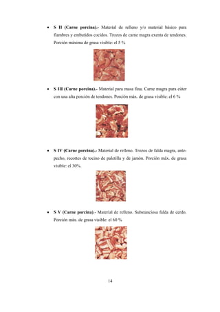 14
 S II (Carne porcina).- Material de relleno y/o material básico para
fiambres y embutidos cocidos. Trozos de carne magra exenta de tendones.
Porción máxima de grasa visible: el 5 %
 S III (Carne porcina).- Material para masa fina. Carne magra para cúter
con una alta porción de tendones. Porción máx. de grasa visible: el 6 %
 S IV (Carne porcina).- Material de relleno. Trozos de falda magra, ante-
pecho, recortes de tocino de paletilla y de jamón. Porción máx. de grasa
visible: el 30%.
 S V (Carne porcina).- Material de relleno. Substanciosa falda de cerdo.
Porción máx. de grasa visible: el 60 %
 
