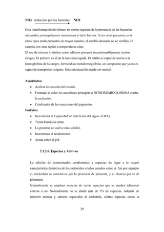 29
NO3 reducción por las bacterias NO2
Esta transformación del nitrato en nitrito requiere de la presencia de las bacterias
adecuadas, principalmente micrococos y lacto bacilos. Si no están presentes, o si
otros tipos están presentes en mayor numero, el cambio deseado no se verifica. El
cambio esw mas rápido a temperaturas altas
El uso de nitratos y nitritos como aditivos presenta incuestionablemente ciertos
riesgos. El primero es el de la toxicidad aguda. El nitrito es capaz de unirse a la
hemoglobina de la sangre, formándose metahemoglobina, un compuesto que ya no es
capaz de transportar oxígeno. Esta intoxicación puede ser mortal.
Ascorbatos:
 Acelera la reacción del curado.
 Formado el color los ascorbatos protegen la NITROSOMIOGLOBINA contra
la oxidación.
 Catalizador de las reacciones del pigmento.
Fosfatos:
 Incrementa la Capacidad de Retención del Agua. (CRA)
 Torna blanda lá carne.
 La proteína se vuelve más soluble.
 Incrementa el rendimiento.
 Actúa sobre el pH.
2.1.2.6. Especias y Aditivos
La adición de determinados condimentos y especias da lugar a la mayor
característica distintiva de los embutidos crudos curados entre sí. Así por ejemplo
el salchichón se caracteriza por la presencia de pimienta, y el chorizo por la de
pimentón.
Normalmente se emplean mezclas de varias especias que se pueden adicionar
enteras o no. Normalmente no se añade más de 1% de especias. Además de
impartir aromas y sabores especiales al embutido, ciertas especias como la
 