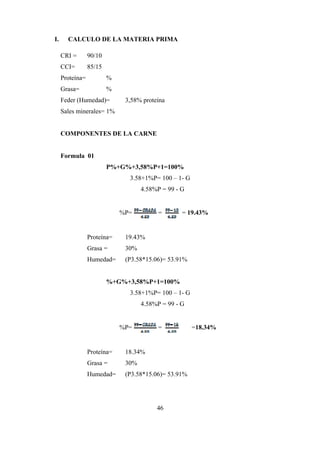 46
I. CALCULO DE LA MATERIA PRIMA
CRI = 90/10
CCI= 85/15
Proteína= %
Grasa= %
Feder (Humedad)= 3,58% proteína
Sales minerales= 1%
COMPONENTES DE LA CARNE
Formula 01
P%+G%+3,58%P+1=100%
3.58+1%P= 100 – 1- G
4.58%P = 99 - G
%P= = = 19.43%
Proteína= 19.43%
Grasa = 30%
Humedad= (P3.58*15.06)= 53.91%
%+G%+3,58%P+1=100%
3.58+1%P= 100 – 1- G
4.58%P = 99 - G
%P= = =18.34%
Proteína= 18.34%
Grasa = 30%
Humedad= (P3.58*15.06)= 53.91%
 