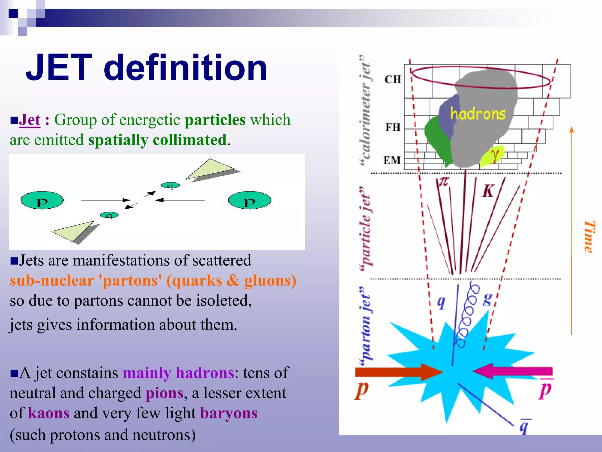 JET definition
Jet : Group of energetic particles which
are emitted spatially collimated.




Jets  are manifestations of scattered
sub-nuclear 'partons' (quarks & gluons)
so due to partons cannot be isoleted,
jets gives information about them.

A  jet constains mainly hadrons: tens of
neutral and charged pions, a lesser extent
of kaons and very few light baryons
(such protons and neutrons)
 
