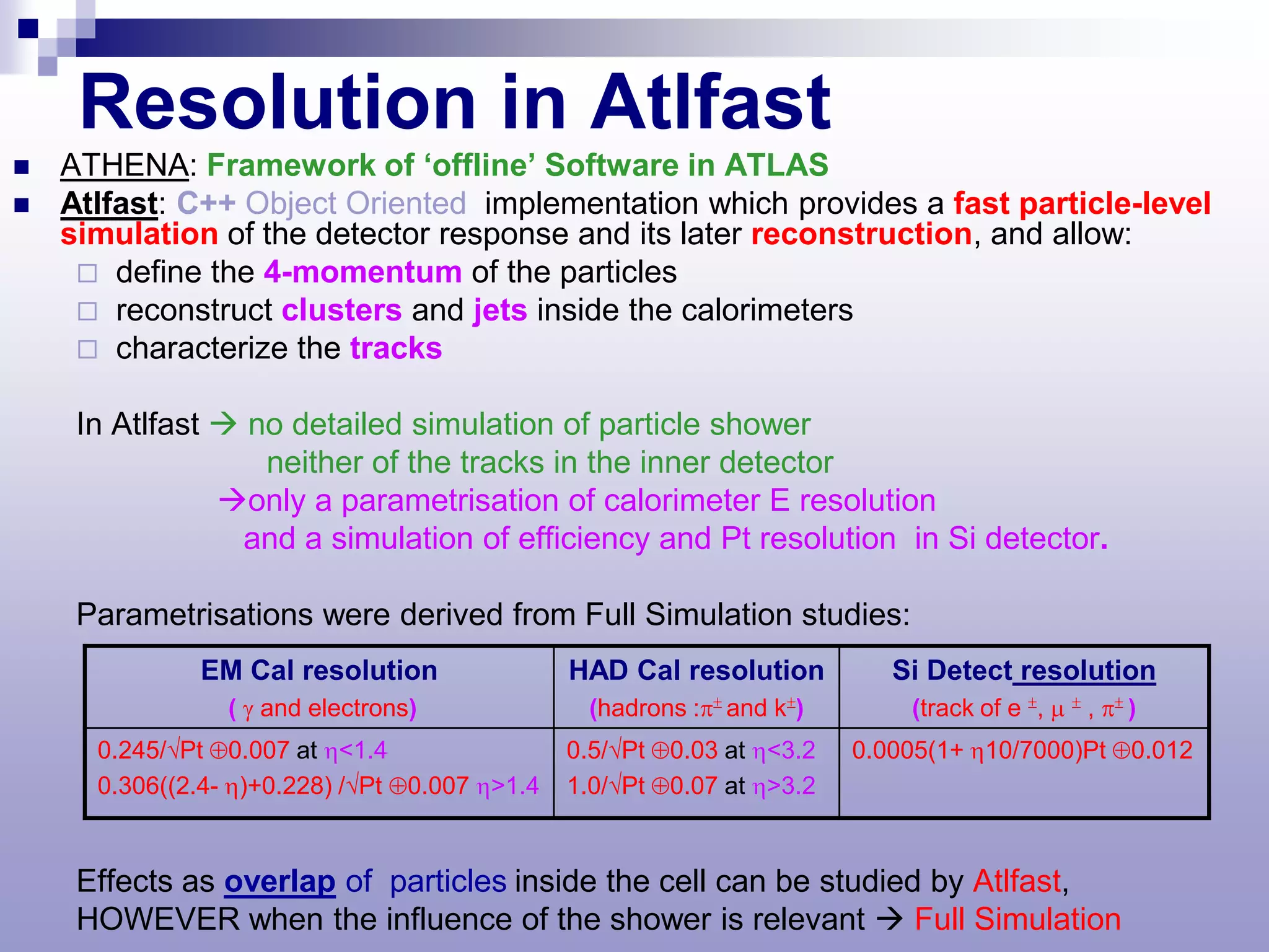 Resolution in Atlfast
   ATHENA: Framework of ‘offline’ Software in ATLAS
   Atlfast: C++ Object Oriented implementation which provides a fast particle-level
    simulation of the detector response and its later reconstruction, and allow:
      define the 4-momentum of the particles
      reconstruct clusters and jets inside the calorimeters
      characterize the tracks

     In Atlfast  no detailed simulation of particle shower
                   neither of the tracks in the inner detector
                only a parametrisation of calorimeter E resolution
                 and a simulation of efficiency and Pt resolution in Si detector.

     Parametrisations were derived from Full Simulation studies:
               EM Cal resolution                HAD Cal resolution          Si Detect resolution
                 ( γ and electrons)               (hadrons :π± and k±)       (track of e ±, µ ± , π± )
      0.245/√Pt ⊕0.007 at η<1.4                 0.5/√Pt ⊕0.03 at η<3.2   0.0005(1+ η10/7000)Pt ⊕0.012
      0.306((2.4- η)+0.228) /√Pt ⊕0.007 η>1.4   1.0/√Pt ⊕0.07 at η>3.2


     Effects as overlap of particles inside the cell can be studied by Atlfast,
     HOWEVER when the influence of the shower is relevant  Full Simulation.
 