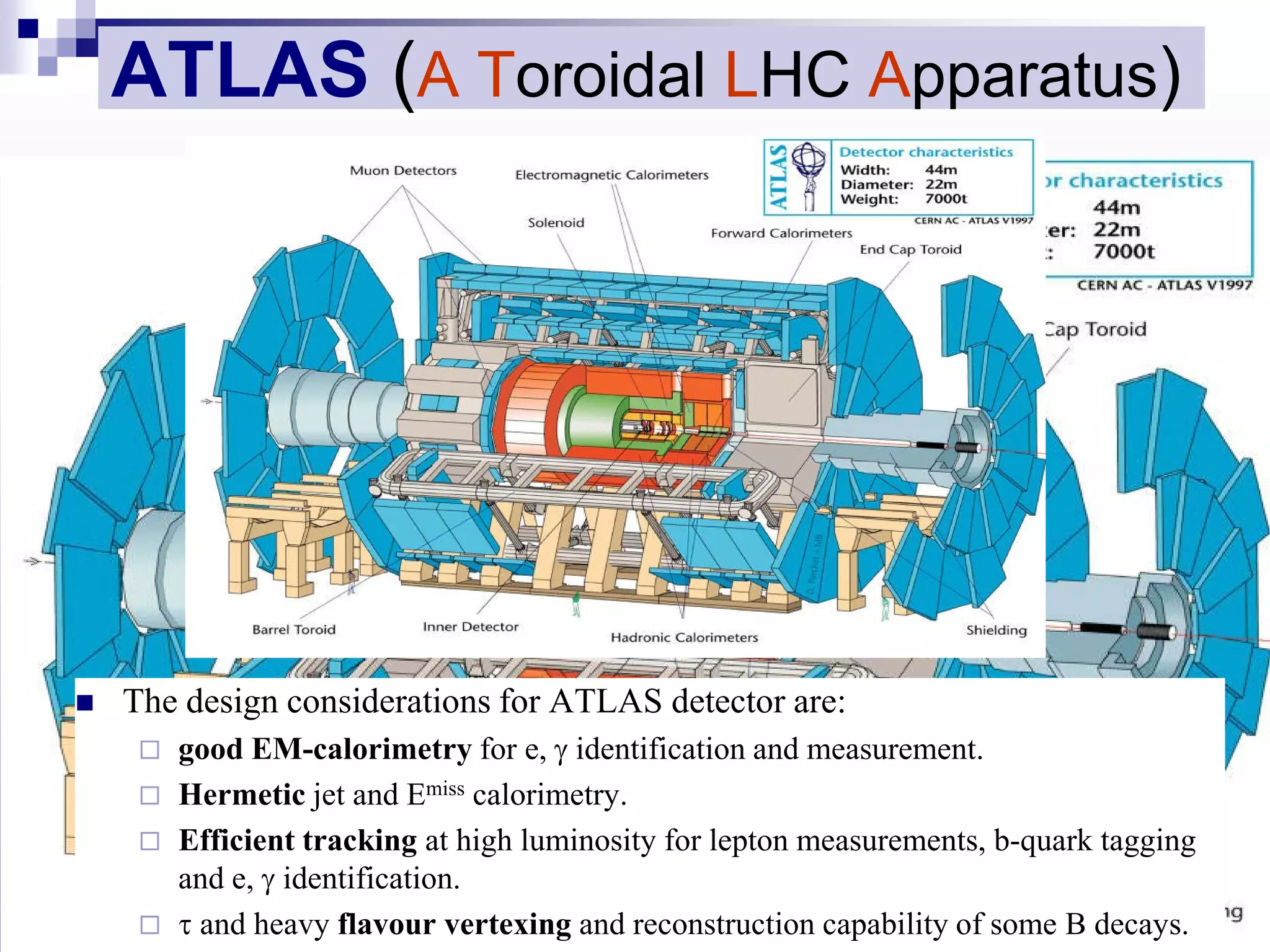 ATLAS (A Toroidal LHC Apparatus)




   The design considerations for ATLAS detector are:
      good EM-calorimetry for e, γ identification and measurement.
      Hermetic jet and Emiss calorimetry.
      Efficient tracking at high luminosity for lepton measurements, b-quark tagging
       and e, γ identification.
      τ and heavy flavour vertexing and reconstruction capability of some B decays.
 