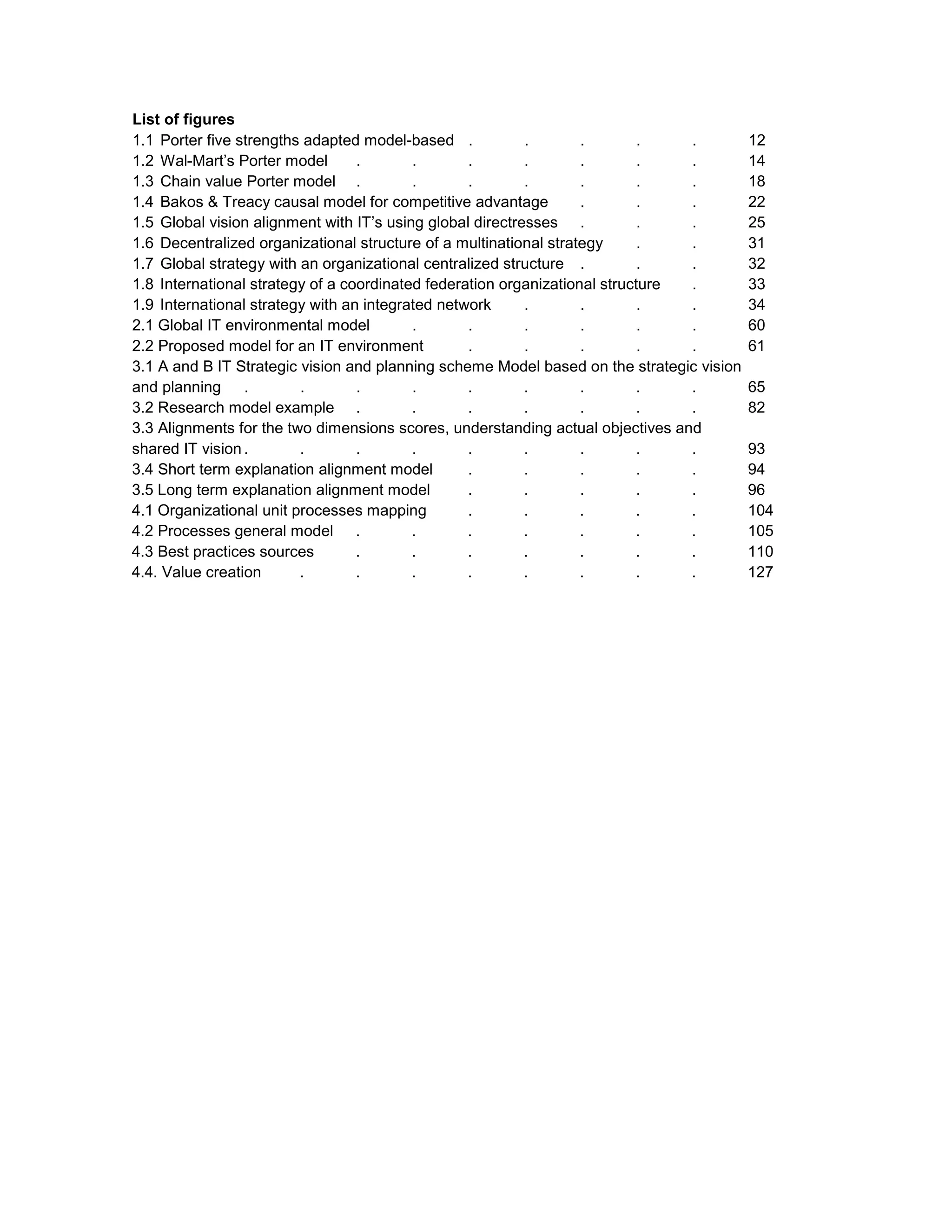 List of figures
1.1 Porter five strengths adapted model-based .            .       .        .   .         12
1.2 Wal-Mart’s Porter model       .       .       .        .       .        .   .         14
1.3 Chain value Porter model .            .       .        .       .        .   .         18
1.4 Bakos & Treacy causal model for competitive advantage          .        .   .         22
1.5 Global vision alignment with IT’s using global directresses .           .   .         25
1.6 Decentralized organizational structure of a multinational strategy      .   .         31
1.7 Global strategy with an organizational centralized structure .          .   .         32
1.8 International strategy of a coordinated federation organizational structure .         33
1.9 International strategy with an integrated network      .       .        .   .         34
2.1 Global IT environmental model         .       .        .       .        .   .         60
2.2 Proposed model for an IT environment          .        .       .        .   .         61
3.1 A and B IT Strategic vision and planning scheme Model based on the strategic vision
and planning .           .        .       .       .        .       .        .   .         65
3.2 Research model example .              .       .        .       .        .   .         82
3.3 Alignments for the two dimensions scores, understanding actual objectives and
shared IT vision .       .        .       .       .        .       .        .   .         93
3.4 Short term explanation alignment model        .        .       .       .    .         94
3.5 Long term explanation alignment model         .        .       .       .    .         96
4.1 Organizational unit processes mapping         .        .       .       .    .         104
4.2 Processes general model .             .       .        .       .       .    .         105
4.3 Best practices sources        .       .       .        .       .       .    .         110
4.4. Value creation      .        .       .       .        .       .       .    .         127
 