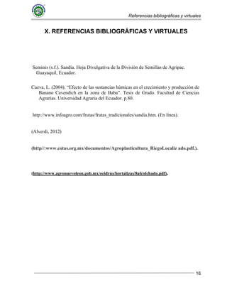 Referencias bibliográficas y virtuales
16
X. REFERENCIAS BIBLIOGRÁFICAS Y VIRTUALES
Seminis (s.f.). Sandía. Hoja Divulgativa de la División de Semillas de Agripac.
Guayaquil, Ecuador.
Cueva, L. (2004). “Efecto de las sustancias húmicas en el crecimiento y producción de
Banano Cavendich en la zona de Baba”. Tesis de Grado. Facultad de Ciencias
Agrarias. Universidad Agraria del Ecuador. p.80.
http://www.infoagro.com/frutas/frutas_tradicionales/sandia.htm. (En línea).
(Alverdi, 2012)
(http//:www.cotas.org.mx/documentos/Agroplasticultura_RiegoLocaliz ado.pdf.).
(http://www.agronuevoleon.gob.mx/oeidrus/hortalizas/8alcolchado.pdf).
 
