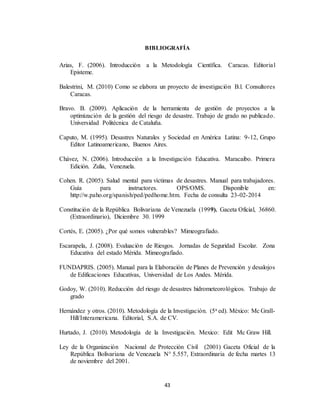 43
BIBLIOGRAFÍA
Arias, F. (2006). Introducción a la Metodología Científica. Caracas. Editorial
Episteme.
Balestrini, M. (2010) Como se elabora un proyecto de investigación B.l. Consultores
Caracas.
Bravo. B. (2009). Aplicación de la herramienta de gestión de proyectos a la
optimización de la gestión del riesgo de desastre. Trabajo de grado no publicado.
Universidad Politécnica de Cataluña.
Caputo, M. (1995). Desastres Naturales y Sociedad en América Latina: 9-12, Grupo
Editor Latinoamericano, Buenos Aires.
Chávez, N. (2006). Introducción a la Investigación Educativa. Maracaibo. Primera
Edición. Zulia, Venezuela.
Cohen. R. (2005). Salud mental para víctimas de desastres. Manual para trabajadores.
Guía para instructores. OPS/OMS. Disponible en:
http://w.paho.org/spanish/ped/pedhome.htm. Fecha de consulta 23-02-2014
Constitución de la República Bolivariana de Venezuela (1999). Gaceta Oficial, 36860.
(Extraordinario), Diciembre 30. 1999
Cortés, E. (2005). ¿Por qué somos vulnerables? Mimeografiado.
Escarapela, J. (2008). Evaluación de Riesgos. Jornadas de Seguridad Escolar. Zona
Educativa del estado Mérida. Mimeografiado.
FUNDAPRIS. (2005). Manual para la Elaboración de Planes de Prevención y desalojos
de Edificaciones Educativas, Universidad de Los Andes. Mérida.
Godoy, W. (2010). Reducción del riesgo de desastres hidrometeorológicos. Trabajo de
grado
Hernández y otros. (2010). Metodología de la Investigación. (5a ed). México: Mc Grall-
Hill/Interamericana. Editorial, S.A. de CV.
Hurtado, J. (2010). Metodología de la Investigación. Mexico: Edit Mc Graw Hill.
Ley de la Organización Nacional de Protección Civil (2001) Gaceta Oficial de la
República Bolivariana de Venezuela N° 5.557, Extraordinaria de fecha martes 13
de noviembre del 2001.
 