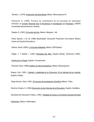 Olmedo, J. (1979). Evaluación del Aprendizaje. México. Mecanograma s/f.
Ordiozola, A. (1999). Proceso de acreditación de las escuelas de psicología
afiliadas al Conseio Nacional para la Enseñanza e Investigación en Psicología. (CNEIP)
Universidad Iberoamericana- Noreste.
Papalia, D. (1987). El mundo del niño. México. Macgraw - Hill.
Pérez Alarcón, J. Et. Al. (1986) Nezahualsilli: Educación Preescolar Comunitaria. México:
Centro de Estudios Educativos.
Perkins, David. (2000). La Escuela Inteligente. México. SEP/Gedisa.
Piaget, J. Y Barbel, I. (1981) Psicología del Niño. España. Morata. Richmond. (1984).
Introducción a Piaqet. España. Fundamentos.
Rockwell, Elsie. (1986) Análisis de datos etnográficos. México. Mecanograma.
Rogers, Carl. (1991). Libertad v creatividad en la Educación. En la década de los ochenta.
España. Paidós.
Rojas Soriano, Raúl. (1981). El proceso de Investigación Científica. México. Trillas.
Sánchez Cerezo, S. (1990) Diccionario de las Ciencias de la Educación. España. Santillana.
Secretaria de Educación Publica. (1993). Antología de Apoyo a la Practica Docente del Nivel
Preescolar. Mexico. Grafomagna.
145
 