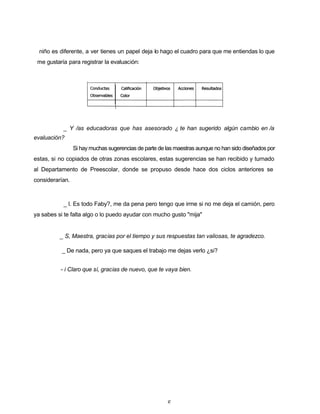 niño es diferente, a ver tienes un papel deja lo hago el cuadro para que me entiendas lo que
me gustaría para registrar la evaluación:
_ Y /as educadoras que has asesorado ¿ te han sugerido algún cambio en /a
evaluación?
Si hay muchas sugerencias de parte de las maestras aunque no han sido diseñados por
estas, si no copiados de otras zonas escolares, estas sugerencias se han recibido y turnado
al Departamento de Preescolar, donde se propuso desde hace dos ciclos anteriores se
considerarían.
_ l. Es todo Faby?, me da pena pero tengo que irme si no me deja el camión, pero
ya sabes si te falta algo o lo puedo ayudar con mucho gusto "mija"
_ S, Maestra, gracias por el tiempo y sus respuestas tan valiosas, te agradezco.
_ De nada, pero ya que saques el trabajo me dejas verlo ¿si?
- i Claro que si, gracias de nuevo, que te vaya bien.
e
 