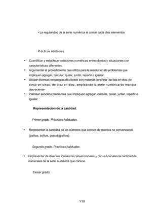 • La regularidad de la serie numérica al contar cada diez elementos
Prácticas habituales
• Cuantificar y establecer relaciones numéricas entre objetos y situaciones con
características diferentes.
• Argumentar el procedimiento que utilizo para la resolución de problemas que
impliquen agregar, calcular, quitar, juntar, repartir e igualar.
• Utilizar diversas estrategias de conteo con material concreto -de dos en dos, de
cinco en cinco, de diez en diez, empleando la serie numérica de manera
decreciente-
• Plantear sencillos problemas que impliquen agregar, calcular, quitar, juntar, repartir e
igualar.
Representación de la cantidad.
Primer grado. Prácticas habituales.
• Representar la cantidad de los números que conoce de manera no convencional
(palitos, bolitas, pseudografías).
Segundo grado. Practicas habituales.
• Representar de diversas formas no convencionales y convencionales la cantidad de
numerales de la serie numérica que conoce.
Tercer grado.
VIII
 