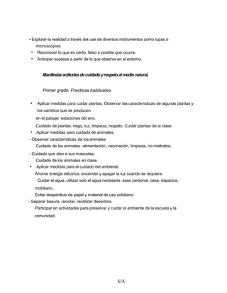 • Explorar la realidad a través del use de diversos instrumentos como lupas o
microscopios.
• Reconocer lo que es cierto, falso o posible que ocurra.
• Anticipar sucesos a partir de lo que observa en el entorno.
Manifestaractitudesdecuidadoyrespetoalmedionatural,
Primer grado. Practicas habituales.
• Aplicar medidas para cuidar plantas. Observar las características de algunas plantas y
los cambios que se producen
en el paisaje: estaciones del ano.
Cuidado de plantas: riego, luz, limpieza, respeto. Cuidar plantas de la clase.
• Aplicar medidas para cuidado de animales.
- Observar características de los animales
Cuidado de los animales: alimentación, vacunación, limpieza, no maltratos.
- Cuidado que clan a sus mascotas.
Cuidado de los animales en clase.
• Aplicar medidas para el cuidado del ambiente.
Ahorrar energía eléctrica: encender y apagar la luz cuando se requiera.
Cuidar el agua: utilizar solo el agua necesaria: aseo personal, casa, espacios,
mobiliario.
Evitar desperdicio de papel y material de use cotidiano.
- Separar basura, reciclar, reutilizar desechos.
Participar en actividades para preservar y cuidar el ambiente de la escuela y la
comunidad.
XIX
 