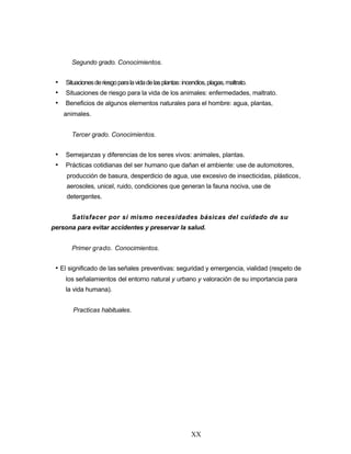 Segundo grado. Conocimientos.
• Situacionesderiesgoparalavidadelasplantas:incendios,plagas,maltrato.
• Situaciones de riesgo para la vida de los animales: enfermedades, maltrato.
• Beneficios de algunos elementos naturales para el hombre: agua, plantas,
animales.
Tercer grado. Conocimientos.
• Semejanzas y diferencias de los seres vivos: animales, plantas.
• Prácticas cotidianas del ser humano que dañan el ambiente: use de automotores,
producción de basura, desperdicio de agua, use excesivo de insecticidas, plásticos,
aerosoles, unicel, ruido, condiciones que generan la fauna nociva, use de
detergentes.
Satisfacer por si mismo necesidades básicas del cuidado de su
persona para evitar accidentes y preservar la salud.
Primer grado. Conocimientos.
• El significado de las señales preventivas: seguridad y emergencia, vialidad (respeto de
los señalamientos del entorno natural y urbano y valoración de su importancia para
la vida humana).
Practicas habituales.
XX
 