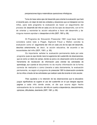 preoperaciones lógico matemáticas operaciones infralógicas.
Toma de base estos ejes del desarrollo para orientar la evaluación que hará
el docente pero, sin dejar de lado las unidades y situaciones que se trabajaran con los
niños, para este programa la evaluación es hacer un seguimiento del
proceso de desarrollo del niño en cada uno de los ejes de desarrollo, con el fin
de orientar y reorientar la acción educativa a favor del desarrollo y de
ninguna manera aprobar o desaprobar al niño (SEP, 1981 p. 98).
El Programa de Educación Preescolar 1981 cuya base teórica
considera sobre todo a Piaget, Sigmund Freud y Wallon concibe la
evaluación como el seguimiento del niño en cada uno de los ejes del desarrollo,
descritos anteriormente, es decir, la acción educativa, de acuerdo a las
necesidades del niño (SEP, 1981, p. 95).
Es importante señalar la evaluación permanente dada por este
programa pues es aquí donde nace la sugerencia del cuadernillo de observaciones,
que es como un diario de campo, donde se pone a la observación como la principal
herramienta de recolección de información para orientar las actividades de
aprendizaje, aun cuando el documento no da mucha información de la forma
correcta de realizarla o como Llevarla a cabo diariamente, la evaluación
permanente, es según el programa de preescolar 1981 la observación constante
de los niños a través de las actividades que realizan cada día durante el ciclo escolar.
Para ayudarse a la retención de las observaciones que la educadora
juzgue significativas se sugiere el use del cuadernillo en el que designe algunas
paginas a cada niño donde anote, el día que ocurra algún hecho
sobresaliente de la conducta del niño en cuanto a dependencia, descubrimiento,
opiniones, dificultades, desinterés (SEP, 1981, p. 96).
7
 