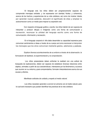 El lenguaje oral, los niños deben ser progresivamente capaces de
comprender mensajes verbales y de expresarse con claridad, fluidez y coherencia,
acerca de los hechos y experiencias de su vida cotidiana, as( como de mostrar interés
por aprender nuevas palabras, descubrir el significado de ellas y emplear la
autocorreccion como un medio para mejorar su expresión oral.
Con respecto al lenguaje grafico y escrito, los niños habrán de ser capaces de
interpretar y producir dibujos e imágenes como una forma de comunicación y
recreación, reconocer la utilidad del lenguaje escrito como una forma de
comunicación, información y recreación.
En el lenguaje corporal el niño debe desarrollar su capacidad expresiva para
comunicar sentimientos e ideas a través de su cuerpo así como reconocer e interpretar
los mensajes que los otros comunican mediante gestos, ademanes y posturas.
Explicar diversos acontecimientos de su entorno a través de la observación, la
formulación de hipótesis, la experimentación y la comprobación.
Los niños preescolares deben enfrentar la realidad con una actitud de
búsqueda de explicaciones, deben ser capaces de establecer diversas relaciones entre
objetos, animales a partir de sus características; interesarse por los fenómenos y sucesos
que ocurren en su entorno y para comprenderlos, formulen interpretaciones acerca de sus
causas y efectos.
Manifestar actitudes de cuidado y respeto al medio natural.
Los niños necesitan aprender a convivir en armonía con el medio natural, para
lo cual será necesario que puedan identificar las practicas de la vida cotidiana
52
 