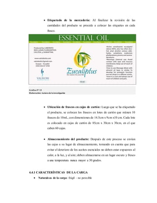  Etiquetado de la mercadería: Al finalizar la revisión de las
cantidades del producto se procede a colocar las etiquetas en cada
frasco.
GráficoNº 15
Elaboración:Autores de lainvestigación
 Ubicación de frascos en cajas de cartón: Luego que se ha etiquetado
el producto, se colocan los frascos en lotes de cartón que reúnen 10
frascos de 10ml., con dimensiones de 14.5cm x 9cm x10 cm. Cada lote
es colocado en cajas de cartón de 85cm x 30cm x 30cm, en el que
caben 60 cajas.
 Almacenamiento del producto: Después de este proceso se envían
las cajas a su lugar de almacenamiento, tomando en cuenta que para
evitar el deterioro de los aceites esenciales no deben estar expuestos al
calor, a la luz, y al aire; deben almacenarse en un lugar oscuro y fresco
a una temperatura nunca mayor a 30 grados.
4.4.1 CARACTERÍSTICAS DE LA CARGA
 Naturaleza de la carga: frágil – no perecible
 