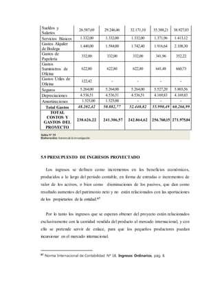Sueldos y
Salarios
26.587,69 29.246,46 32.171,10 35.388,21 38.927,03
Servicios Básicos 1.332,00 1.332,00 1.332,00 1.371,96 1.413,12
Gastos Alquiler
de Bodega
1.440,00 1.584,00 1.742,40 1.916,64 2.108,30
Gastos de
Papelería
332,00 332,00 332,00 341,96 352,22
Gastos
Suministros de
Oficina
622,80 622,80 622,80 641,48 660,73
Gastos Útiles de
Oficina
122,42 - - - -
Seguros 5.264,00 5.264,00 5.264,00 5.527,20 5.803,56
Depreciaciones 4.536,51 4.536,51 4.536,51 4.169,83 4.169,83
Amortizaciones 1.525,00 1.525,00 - - -
Total Gastos 48.202,42 50.882,77 52.440,82 55.990,49 60.266,99
TOTAL
COSTOS Y
GASTOS DEL
PROYECTO
238.626,22 241.306,57 242.864,62 256.760,15 271.975,04
Tabla Nº 35
Elaboración:Autores de la investigación
5.9 PRESUPUESTO DE INGRESOS PROYECTADO
Los ingresos se definen como incrementos en los beneficios económicos,
producidos a lo largo del periodo contable, en forma de entradas o incrementos de
valor de los activos, o bien como disminuciones de los pasivos, que dan como
resultado aumentos del patrimonio neto y no están relacionados con las aportaciones
de los propietarios de la entidad.67
Por lo tanto los ingresos que se esperan obtener del proyecto están relacionados
exclusivamente con la cantidad vendida del producto al mercado internacional, y con
ello se pretende servir de enlace, para que los pequeños productores puedan
incursionar en el mercado internacional.
67
Norma Internacional de Contabilidad Nº 18, Ingresos Ordinarios, pág. 8.
 