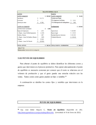 Tabla N°44
Elaboración:Autores de la investigación
5.10.5 PUNTO DE EQUILIBRIO
Para obtener el punto de equilibrio se deben identificar los diferentes costos y
gastos que intervienen en el proceso productivo. Para operar adecuadamente el punto
de equilibrio es necesario comenzar por conocer que el costo se relaciona con el
volumen de producción y que el gasto guarda una estrecha relación con las
ventas. Tantos costos como gastos pueden ser fijos o variables.68
A continuación se detallan los costos fijos y variables que intervienen en la
empresa:
PUNTO DE EQUILIBRIO
68
Esp. José Didier Váquiro C., Punto de Equilibrio, disponible en URL:
http://www.pymesfuturo.com/puntodequilibrio.htm, [consultado el: 8 de Enero de 2013]
 