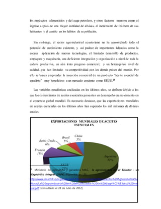 Argentina
52%
EEUU
21%
Francia
11%
Reino Unido
6%
Brasil
5%
China
5%
EXPORTACIONES MUNDIALES DEACEITES
ESENCIALES
los productos alimenticios y del auge petrolero, y otros factores menores como el
ingreso al país de una mayor cantidad de divisas, el incremento del número de sus
habitantes y el cambio en los hábitos de su población.
Sin embargo, el sector agroindustrial ecuatoriano no ha aprovechado todo el
potencial de crecimiento existente, y así padece de importantes falencias como la
escasa aplicación de nuevas tecnologías, el limitado desarrollo de productos,
empaques y maquinaria, una deficiente integración y organización a nivel de toda la
cadena productiva, un aún lento progreso comercial, y un heterogéneo nivel de
calidad, que han limitado su competitividad con los demás países del mundo. Por
ello se busca emprender la inserción comercial de un producto “aceite esencial de
eucalipto” muy beneficioso a un mercado creciente como EEUU.15
Las variables estadísticas analizadas en los últimos años, se definen debido a los
que los comerciantes de aceites esenciales presentan un desempeño en movimiento en
el comercio global mundial. Es necesario destacar, que las exportaciones mundiales
de aceites esenciales en los últimos años han superado los mil millones de dólares
anuales.
15
Ministerio de agricultura y ganadería MAG, la agroindustria en el Ecuador - un
diagnóstico integral (2006), disponible en URL:
http://www.iica.int/Esp/organizacion/LTGC/agroindustria/Documentos%20Agroindustria%2
0Rural/La%20agroindustria%20en%20el%20Ecuador.%20Un%20diagn%C3%B3stico%20inte
gral.pdf; [consultado el 28 de Julio de 2012].
 