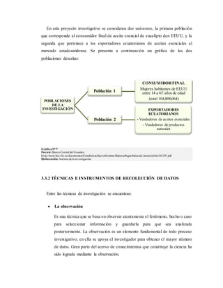 POBLACIONES
DE LA
INVESTIGACIÓN
Población 1
CONSUMIDORFINAL
Mujeres habitantes de EEUU
entre 14 a 65 años de edad
(total 104,808,064)
Población 2
EXPORTADORES
ECUATORIANOS
- Vendedores de aceites esenciales
- Vendedores de productos
naturales
En este proyecto investigativo se consideran dos universos, la primera población
que corresponde al consumidor final de aceite esencial de eucalipto den EEUU, y la
segunda que pertenece a los exportadores ecuatorianos de aceites esenciales al
mercado estadounidense. Se presenta a continuación un gráfico de las dos
poblaciones descritas:
GráficoNº 7
Fuente: BancoCentral del Ecuador;
http://www.bce.fin.ec/documentos/Estadisticas/SectorExterno/BalanzaPagos/balanzaComercial/ebc201207.pdf
Elaboración:Autores de la investigación
3.3.2 TÉCNICAS E INSTRUMENTOS DE RECOLECCIÓN DE DATOS
Entre las técnicas de investigación se encuentran:
 La observación
Es una técnica que se basa en observar atentamente el fenómeno, hecho o caso
para seleccionar información y guardarla para que sea analizada
posteriormente. La observación es un elemento fundamental de todo proceso
investigativo; en ella se apoya el investigador para obtener el mayor número
de datos. Gran parte del acervo de conocimientos que constituye la ciencia ha
sido lograda mediante la observación.
 