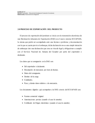 GráficoNº 11
Fuente: Proecuador– Direcciónde Inteligencia Comercial e Inversiones
Elaboración:Autores de la investigación
3.8 PROCESO DE EXPORTACIÓN DEL PRODUCTO
El proceso de exportación del producto se inicia con la transmisión electrónica de
una Declaración Aduanera de Exportación (DAE) en el nuevo sistema ECUAPASS,
la misma que podrá ser acompañada ante una factura o proforma y documentación
con la que se cuente previo al embarque, dicha declaración no es una simple intención
de embarque sino una declaración que crea un vínculo legal y obligaciones a cumplir
con el Servicio Nacional de Aduana del Ecuador por parte del exportador o
declarante.
Los datos que se consignarán en la DAE son:
 Del exportador o declarante.
 Descripción de mercancía por ítem de factura.
 Datos del consignante.
 Destino de la carga.
 Cantidades.
 Peso; y demás datos relativos a la mercancía.
Los documentos digitales que acompañan a la DAE a través del ECUAPASS son:
 Factura comercial original.
 Autorizaciones previas (cuando el caso lo amerite).
 Certificado de Origen electrónico (cuando el caso lo amerite).
 