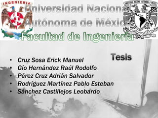 •   Cruz Sosa Erick Manuel
•   Gío Hernández Raúl Rodolfo
•   Pérez Cruz Adrián Salvador
•   Rodríguez Martínez Pablo Esteban
•   Sánchez Castillejos Leobardo
 