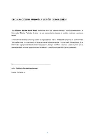 iii
DECLARACION DE AUTORÍA Y CESIÓN DE DERECHOS
“Yo Desiderio Apraez Miguel Angel declaro ser autor del presente trabajo y eximo expresamente a la
Universidad Técnica Particular de Loja y a sus representantes legales de posibles reclamos o acciones
legales.
Adicionalmente declaro conocer y aceptar la disposición del Art. 67 del Estatuto Orgánico de la Universidad
Técnica Particular de Loja que en su parte pertinente textualmente dice: “Forman parte del patrimonio de la
Universidad la propiedad intelectual de investigaciones, trabajos científicos o técnicos y tesis de grado que se
realicen a través, o con el apoyo financiero, académico o institucional (operativo) de la Universidad”.
f)……………………………………………………………………
Autor: Desiderio Apraez Miguel Angel.
Cédula: 0915609135
 