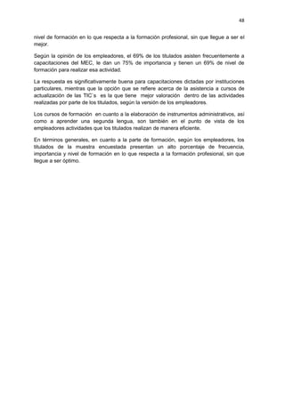 48
nivel de formación en lo que respecta a la formación profesional, sin que llegue a ser el
mejor.
Según la opinión de los empleadores, el 69% de los titulados asisten frecuentemente a
capacitaciones del MEC, le dan un 75% de importancia y tienen un 69% de nivel de
formación para realizar esa actividad.
La respuesta es significativamente buena para capacitaciones dictadas por instituciones
particulares, mientras que la opción que se refiere acerca de la asistencia a cursos de
actualización de las TIC`s es la que tiene mejor valoración dentro de las actividades
realizadas por parte de los titulados, según la versión de los empleadores.
Los cursos de formación en cuanto a la elaboración de instrumentos administrativos, así
como a aprender una segunda lengua, son también en el punto de vista de los
empleadores actividades que los titulados realizan de manera eficiente.
En términos generales, en cuanto a la parte de formación, según los empleadores, los
titulados de la muestra encuestada presentan un alto porcentaje de frecuencia,
importancia y nivel de formación en lo que respecta a la formación profesional, sin que
llegue a ser óptimo.
 