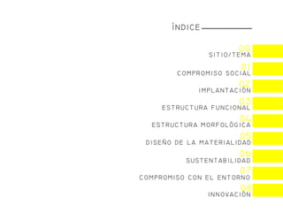 00
SITIO/TEA
NDICE
01
COPROISO SOCIAL
02
IPLANTACIN
03
ESTRCTRA FNCIONAL
04
ESTRCTRA ORFOLGICA
05
DISEO DE LA ATERIALIDAD
06
SSTENTABILIDAD
COPROISO CON EL ENTORNO
07
INNOACIN
08
 