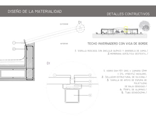 TECHO INERNADERO CON IGA DE BORDE
1.    j qm y   gm./
2.mmb f g./
1.  h f8 g + m 12mm
+ (f4 +pb+f4) .
2. S   ./
3.   py  pm 
p
 bj ./
4. Pf  m./
5. Tb 60602mm./
RO EN BAOS Y CARPINTERIA
DISEO DE LA ATERIALIDAD
DETALLES CONTRCTIOS
 