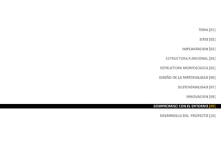 TEMA [01]
SITIO [02]
IMPLANTACION [03]
ESTRUCTURA FUNCIONAL [04]
ESTRUCTURA MORFOLOGICA [05]
DISEÑO DE LA MATERIALIDAD [06]
SUSTENTABILIDAD [07]
INNOVACION [08]
COMPROMISO CON EL ENTORNO [09]
DESARROLLO DEL PROYECTO [10]
 