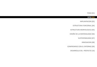 TEMA [01]
SITIO [02]
IMPLANTACION [03]
ESTRUCTURA FUNCIONAL [04]
ESTRUCTURA MORFOLOGICA [05]
DISEÑO DE LA MATERIALIDAD [06]
SUSTENTABILIDAD [07]
INNOVACION [08]
COMPROMISO CON EL ENTORNO [09]
DESARROLLO DEL PROYECTO [10]
 