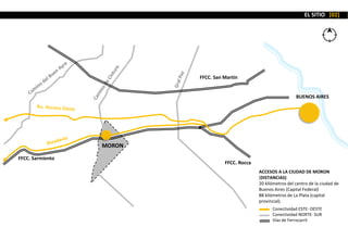 BUENOS AIRES
MORON
FFCC. Rocca
FFCC. Sarmiento
FFCC. San Martin
Conectividad ESTE- OESTE
Conectividad NORTE- SUR
Vías de Ferrocarril
ACCESOS A LA CIUDAD DE MORON
(DISTANCIAS)
20 kilómetros del centro de la ciudad de
Buenos Aires (Capital Federal)
88 kilómetros de La Plata (capital
provincial).
EL SITIO [02]
 