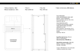 CALLE MACHADO
LOCAL GASTRONOMICO BAR- VERT
ROUGE + LOCAL COMERCIAL
Datos Superficie: Lote de 13m x 31m
Superficie: 400 m2
CALLE MAESTRA CUETO
3 LOCALES CON OFICINAS. EL RESTO
TIENE HABITACIONES CON BAÑO.
LINDEROS A LA UM
Datos Superficie: Lote de 18m x 31 m
Actualmente en venta: Inmobiliaria De
Angelis
Superficie: 790 m2
• Fot: 3
•Fot: 2370 m2
• Fos: 0,6
•Fos: 474 m2
• Valor m2 terreno. 800 dólares• Altura máxima: 35m
•Altura residencia: 35m
Superficie total terreno: 782 m2
Valor m2: 800 dólares
Valor del terreno: 7630.000 uss
Valor M2 de construcción: 1000 U$$
Edificio- residencia = 3.800.000 +
720.000 = 4520.000
• Costo: 1300 dólares el m2 construido
• Edificio a construir de 11 pisos
UNIVERSIDAD
DE MORON
EL SITIO [02]
790 m2
 