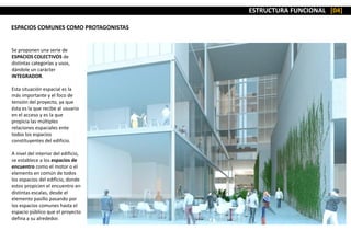 Se proponen una serie de
ESPACIOS COLECTIVOS de
distintas categorías y usos,
dándole un carácter
INTEGRADOR.
Esta situación espacial es la
más importante y el foco de
tensión del proyecto, ya que
ésta es la que recibe al usuario
en el acceso y es la que
propicia las múltiples
relaciones espaciales ente
todos los espacios
constituyentes del edificio.
A nivel del interior del edificio,
se establece a los espacios de
encuentro como el motor o el
elemento en común de todos
los espacios del edificio, donde
estos propicien el encuentro en
distintas escalas, desde el
elemento pasillo pasando por
los espacios comunes hasta el
espacio público que el proyecto
defina a su alrededor.
ESTRUCTURA FUNCIONAL [04]
ESPACIOS COMUNES COMO PROTAGONISTAS
 