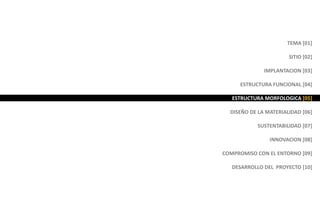 TEMA [01]
SITIO [02]
IMPLANTACION [03]
ESTRUCTURA FUNCIONAL [04]
ESTRUCTURA MORFOLOGICA [05]
DISEÑO DE LA MATERIALIDAD [06]
SUSTENTABILIDAD [07]
INNOVACION [08]
COMPROMISO CON EL ENTORNO [09]
DESARROLLO DEL PROYECTO [10]
 