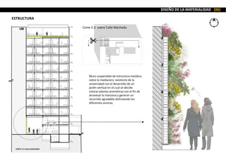 DISEÑO DE LA MATERIALIDAD [06]
ESTRUCTURA
CORTE 2-2 CALLE MACHADO
Corte 2-2 sobre Calle Machado
Muro suspendido de estructura metálica
sobre la medianera existente de la
universidad con el desarrollo de un
jardín vertical en el cual se decide
colocar plantas aromáticas con el fin de
atravesar la manzana y generar un
recorrido agradable disfrutando los
diferentes aromas.
 